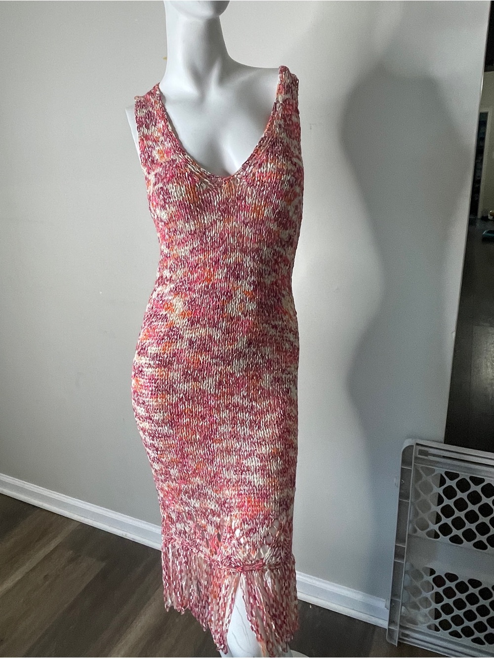 BCBGMaxAzria Multicolor Pink Knit Fringe Midi Dress M
